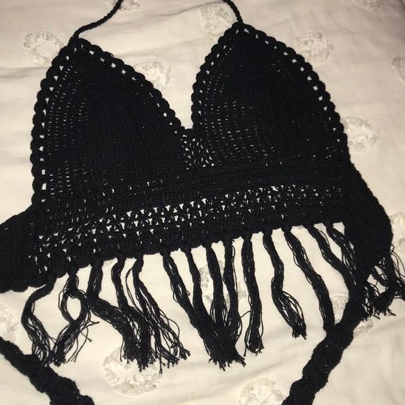 Black Crochet Festival Halter Fringe Crop Top - Picture 4 of 4